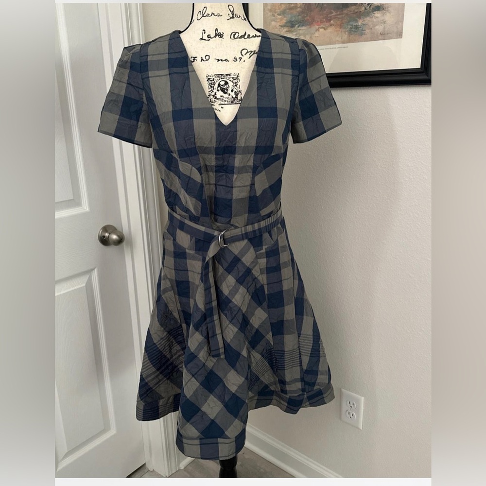 Club Monaco Navy and Gray Plaid Belted Short Sleeve Dress